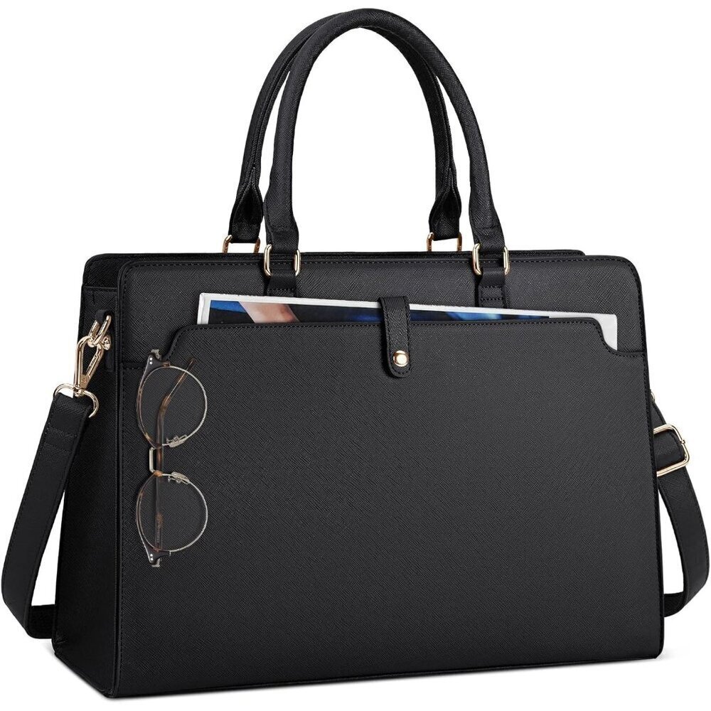 Leather Laptop Black Tote Bag for Women, Waterproof Work & Travel Bag